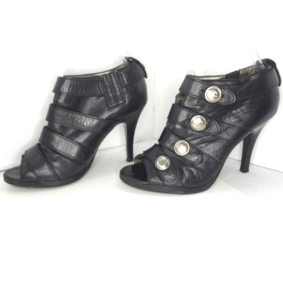 COACH Brandie Black Leather Silver Logo Button PeepToe Booties WornButNotWornOut - Picture 1 of 16